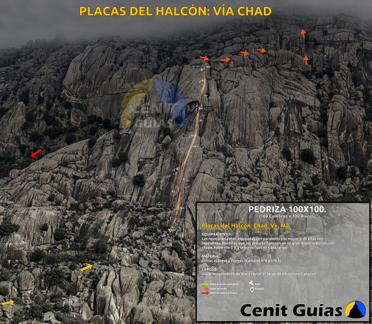 Pedriza: Placas del Halcón, Vía Chad. Croquis.